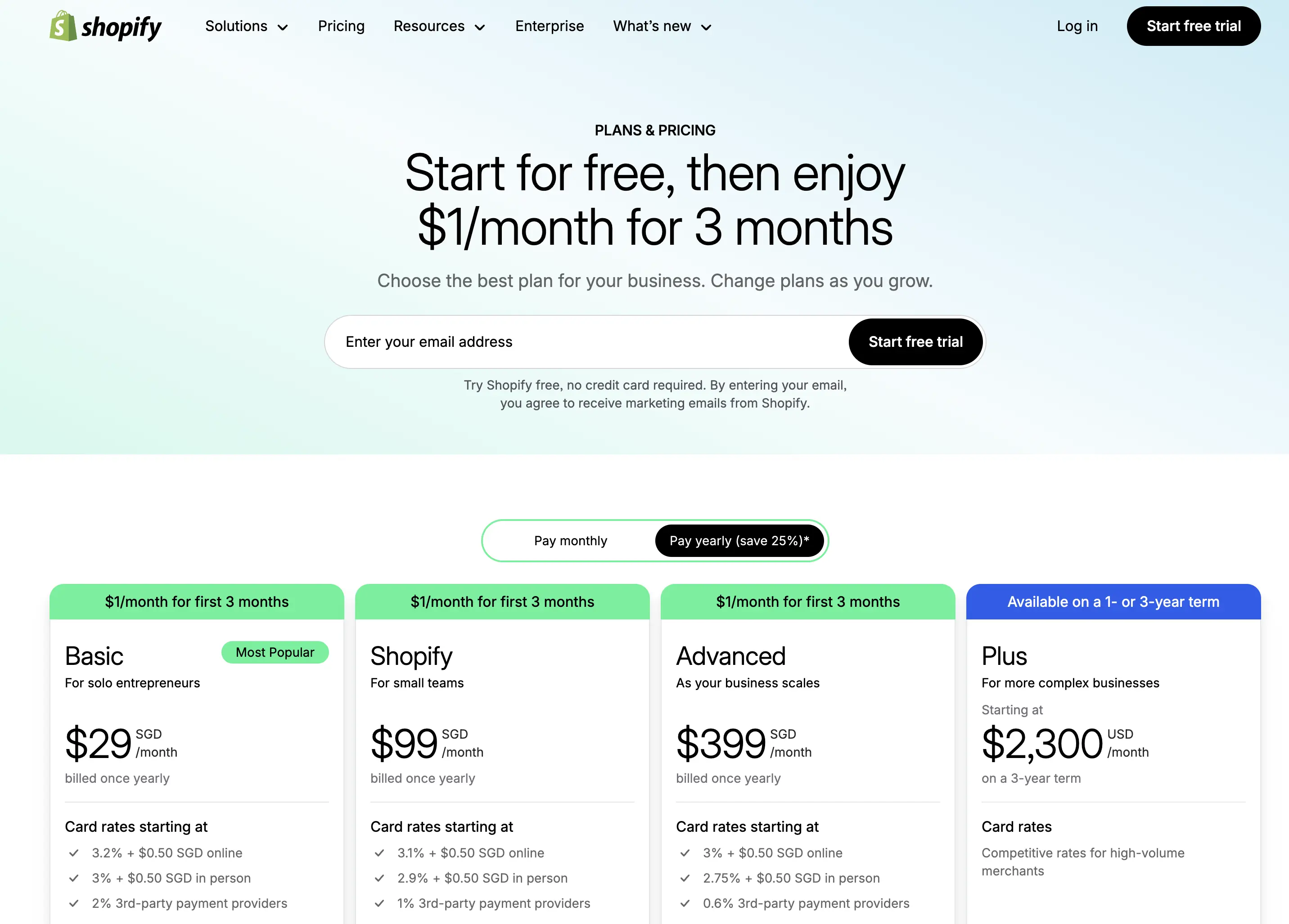 Shopify Plans Page Screenshot