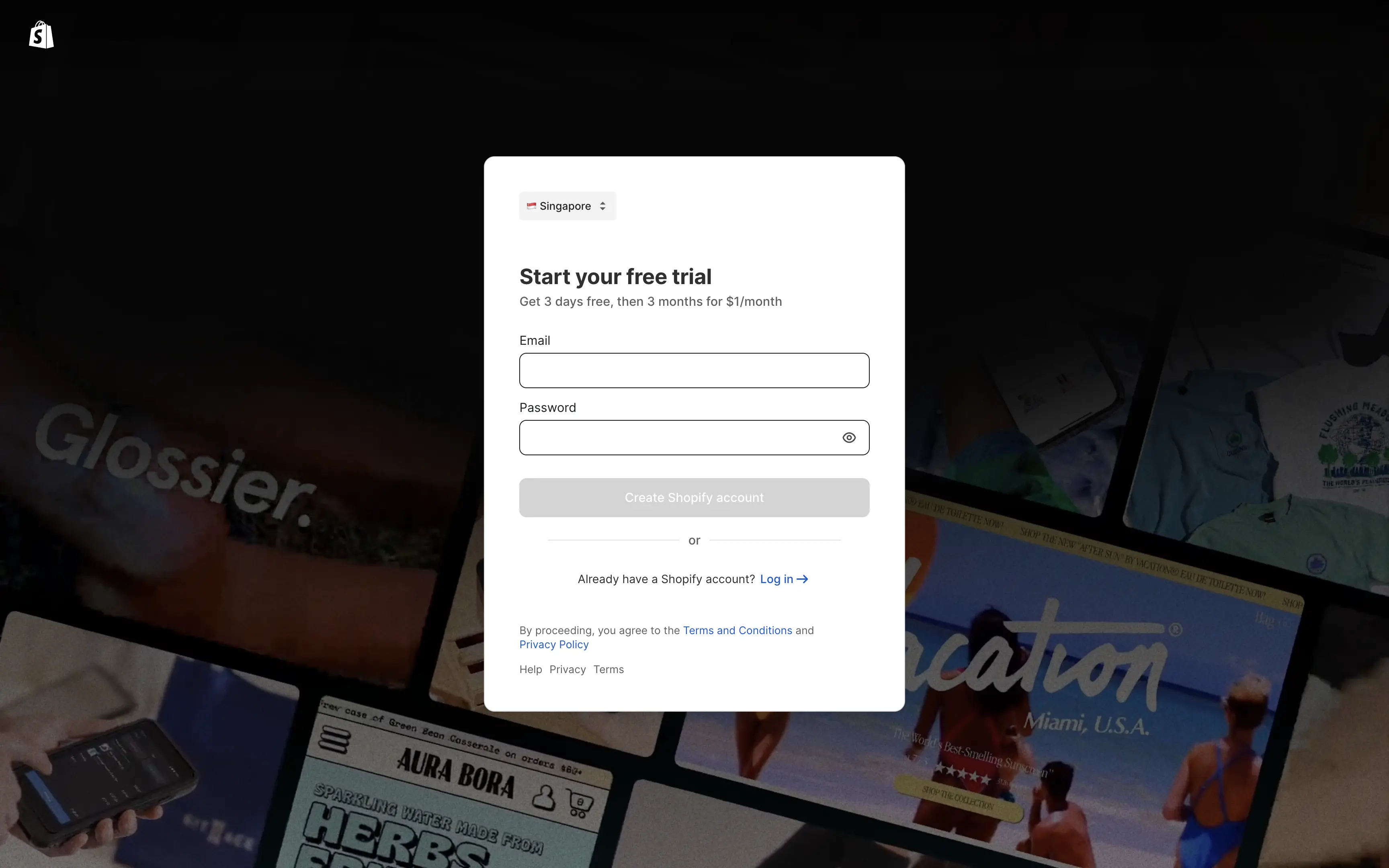 Shopify Sign Up Page Screenshot